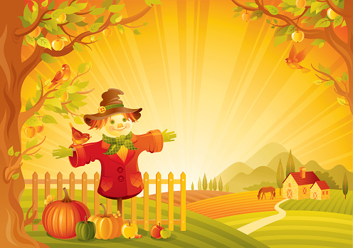 Beautiful autumn rural landscape with scarecrow,  pumpkin and other vegetebles. Background with farmhouse, horse and mountains. Copyspace. CDR-11, AI 10, JPG.