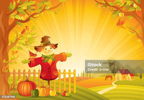 Autumn Lanscape With Scarecrow Stock Illustration - Download Image Now - Autumn, Scarecrow - Agricultural Equipment, Farm