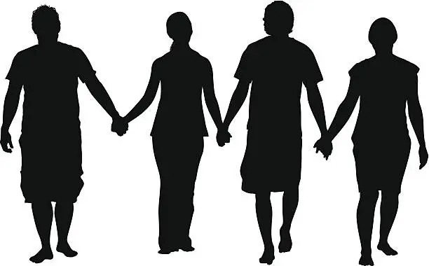 Vector illustration of Two couples joining hands together