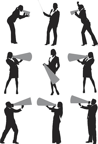 illustrazioni stock, clip art, cartoni animati e icone di tendenza di business persone che urlavano in bullhorns - white background using voice full length high heels