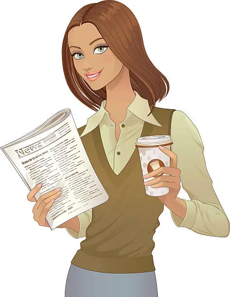 Vector illustration of Animated image of a woman holding a newspaper and coffee