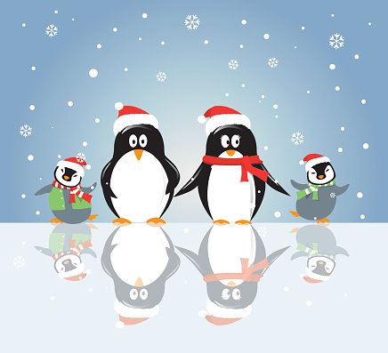 Penguin family standing and dancing on ice