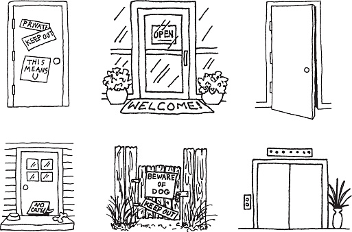 A collection of black-and-white door doodles