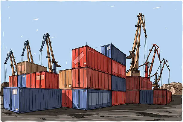Vector illustration of Cartoon illustration of colorful containers and cranes