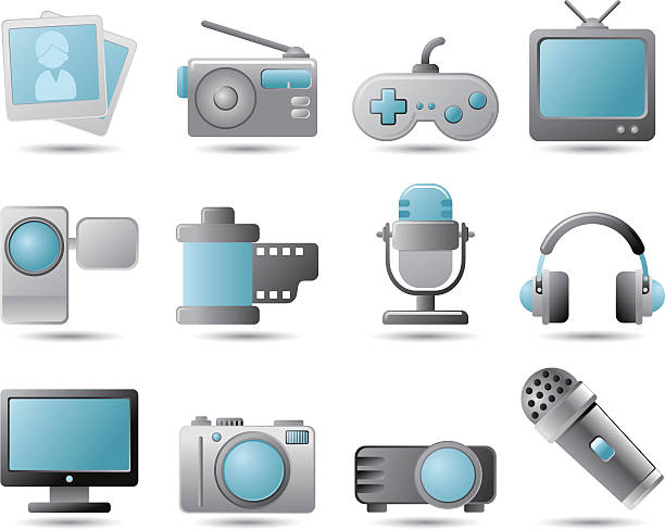 ilustraciones, imágenes clip art, dibujos animados e iconos de stock de iconos de los medios de comunicación y - multimedia gamepad television photograph