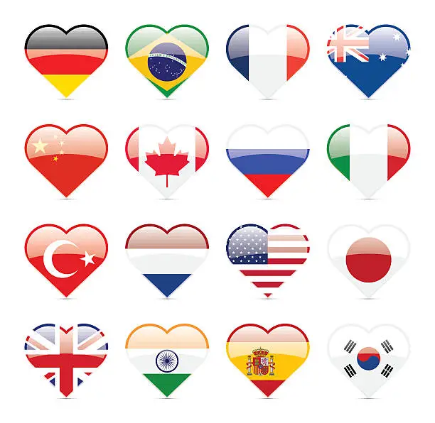 Vector illustration of Heart Shaped World Flags :Top 16 Economies