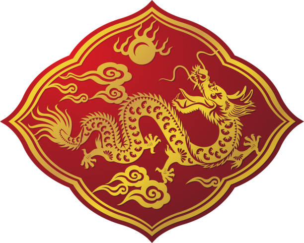 ilustrações, clipart, desenhos animados e ícones de dourado símbolo de arte dragão chinês - dragon chinese dragon china chinese ethnicity