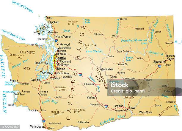 Ilustración de Washington y más Vectores Libres de Derechos de Mapa - Mapa, Estado de Washington, Ciudad