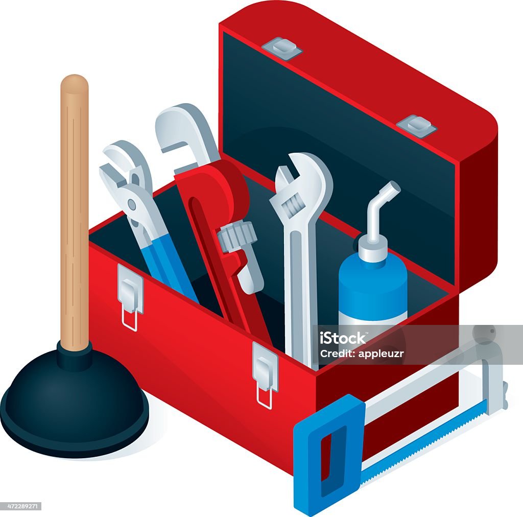 Plumber's Toolbox Plumbing related tools in isometric view. All colors are global. Linear and radial gradients used. Plumber stock vector