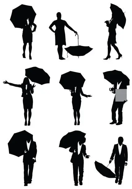 Vector illustration of Silhouette of business executives with umbrellas