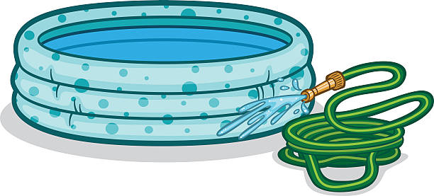 Kiddie Pool Rubber kiddie pool is filled with water. The hose sitting beside the book is squirting water. inflated pool stock illustrations