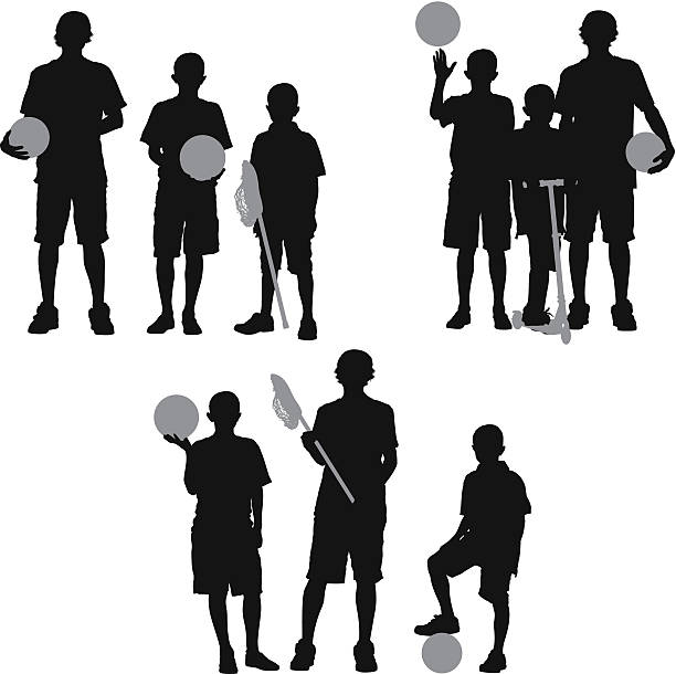 ilustraciones, imágenes clip art, dibujos animados e iconos de stock de niños de pie con equipos de deportes - soccer child silhouette sport