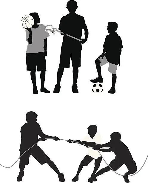 Vector illustration of Silhouette of three boys playing tug-of-war