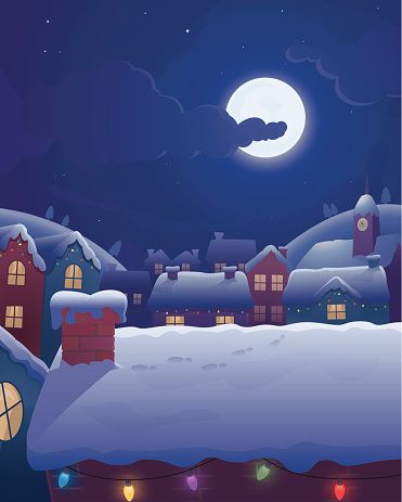 Seasonal illustration of a villages snow covered rooftops in winter. Layered and grouped for ease of use. Download includes EPS file and hi-res jpeg.