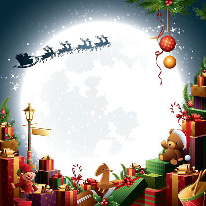 - santa's sleigh flying over pile of gifts and toys