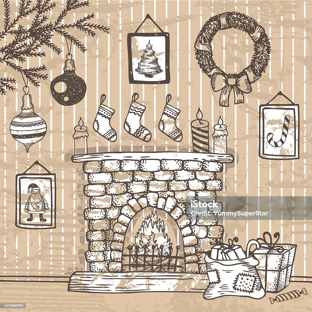 style Vintage dessinés à la main de Noël-illustration - clipart vectoriel de Foyer de cheminée libre de droits