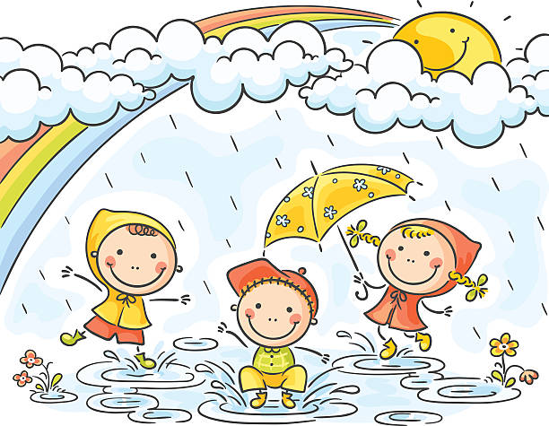 kids in the rain - puddle rain child splashing stock illustrations