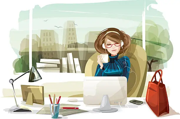 Vector illustration of Woman Listening to Music in the Office