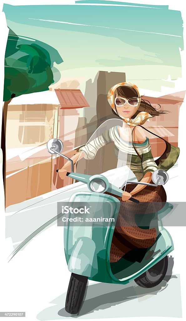 Woman Riding a Scooter Illustration of a young woman riding a scooter. Woman and background are grouped layered separately. Italy stock vector