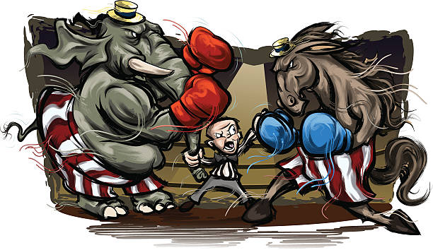 Political Election Grudge Match Let's get ready to rumble! A republican elephant mascot faces off against a democrat donkey mascot in an election boxing match. The referee is about to lose control in this fight to the finish. Each party's mascot proudly wears red, white, and blue trunks. The elephant's gloves are republican red while the donkey's are democrat blue. Each mascot wears an old school straw hat for that extra touch of vintage Americana "feel". republican national convention stock illustrations
