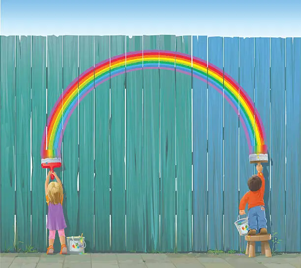 Vector illustration of Two Kids Painting a Rainbow on Fence