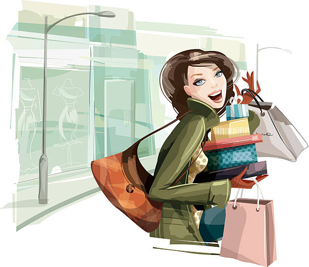 ilustraciones, imágenes clip art, dibujos animados e iconos de stock de mujer compras presenta - women illustration and painting sensuality color image