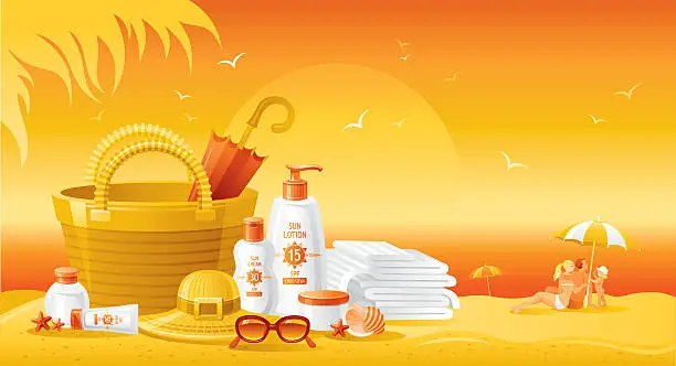 Vector illustration of Sun protection cosmetics for family on the beach