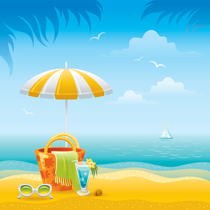 Beach landscape with stripped yellow umbrella, beach bag with towel, sunglasses and cocktail. Sea background with yacht. EPS-8, AI-CS5, CDR-11, JPG.
