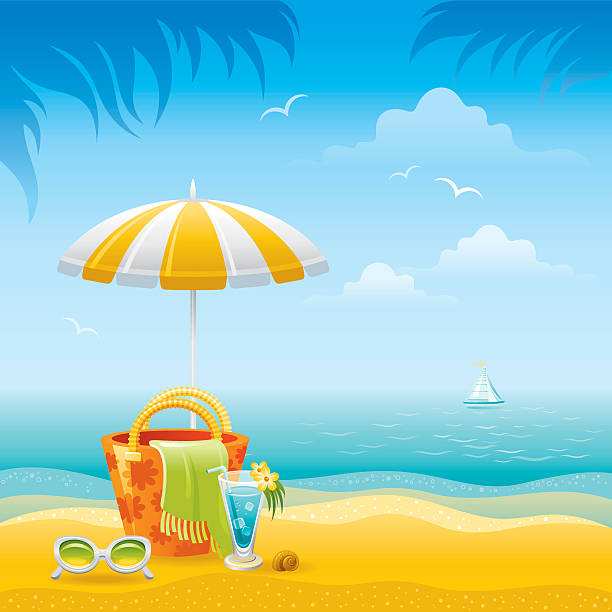 Beach landscape with umbrella, bag, sunglasses and cocktail Beach landscape with stripped yellow umbrella, beach bag with towel, sunglasses and cocktail. Sea background with yacht. EPS-8, AI-CS5, CDR-11, JPG. beach day stock illustrations