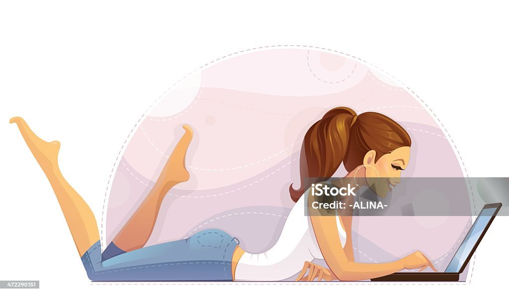 Woman Using Laptop Beautiful Smiling Woman Lying on The Floor and Using Laptop - Vector Illustration Beauty stock vector