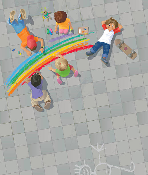 ilustraciones, imágenes clip art, dibujos animados e iconos de stock de niños en la calle pintura de la torre rainbow - little girls sidewalk child chalk