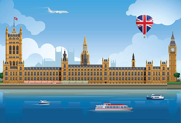 Houses of Parliament Palace of Westminster illustration, including Big Ben and the Victoria Tower. Layered and grouped for ease of use. Download includes EPS8 file and hi-res JPEG. cartoon palace stock illustrations
