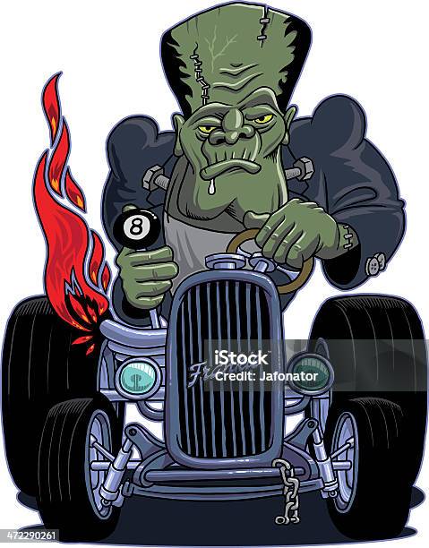 Ilustración de Hot Rod Frankie A Todo Gas y más Vectores Libres de Derechos de Frankenstein - Frankenstein, Bólido, Llama - Fuego
