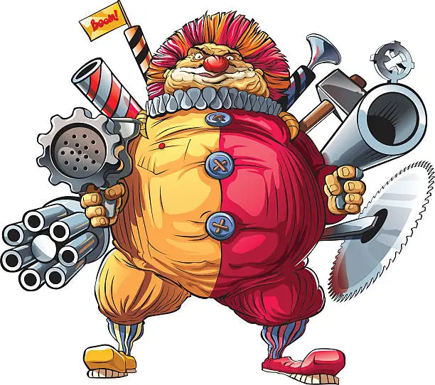Vector illustration of Mad fat clown killer with guns