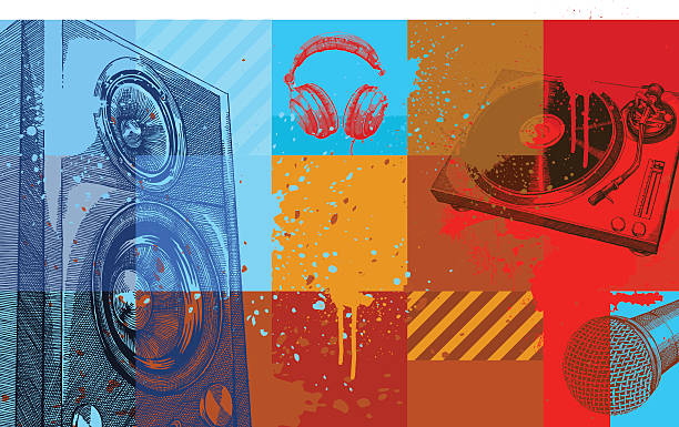 A collection of colored squares with music items on them Music background, very high detail - vector illustrations club dj stock illustrations