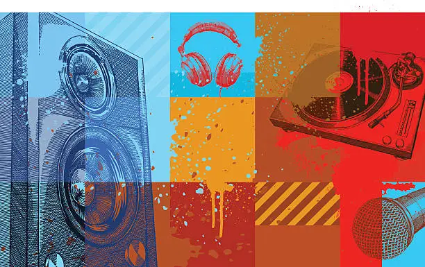 Vector illustration of A collection of colored squares with music items on them