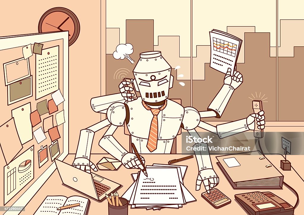 Busy Robot Busiest robot in the office with a heavy workload on all of his six hands. Robot stock vector