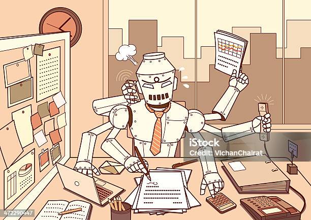 Busy Robot Stock Illustration - Download Image Now - Robot, Multi-Tasking, Office