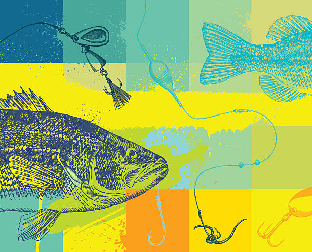 Fishing design with line, fly and fish Fishing Grunge Design, Very detailed - vector illustration fishing stock illustrations