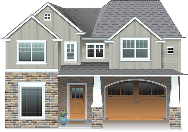 Large Gray House A multi-level contemporary home has stonework and custom wooden garage doors. AI9, transparency used.  modern house driveway stock illustrations