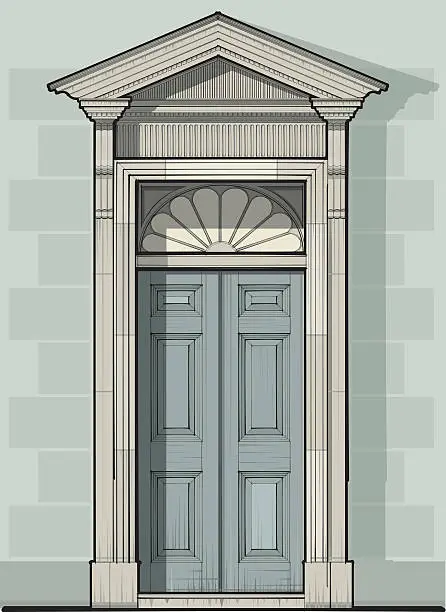 Vector illustration of Georgian Door Detail with Pediment & Gan Light