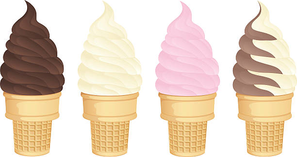 Soft Serve Cones Vector illustration of a soft serve ice cream cone in four varieties: vanilla, (dipped) chocolate, strawberry and chocolate/vanilla twist.  Each cone is on its own layer, easily separated from the other cones.  Illustration uses linear gradients.  Both .ai and AI8-compatible .eps formats are included, along with a high-res .jpg. vanilla ice cream stock illustrations