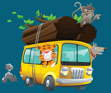 animals travel inside jungle by van