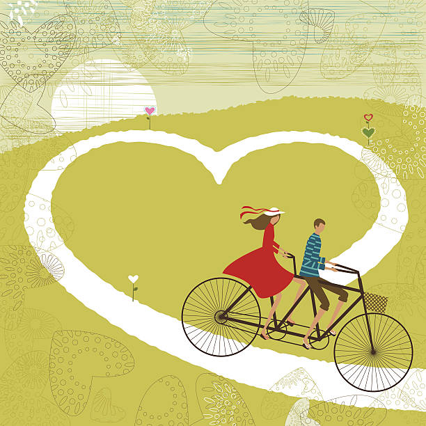 Valentine's love road Valentine's card with couple cycling through a heart shaped road. 2 hearts stock illustrations