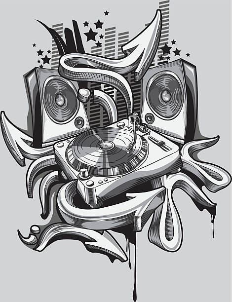 Turntable & graffiti arrows trendy grayscale music design, layered vector artwork dj decks stock illustrations