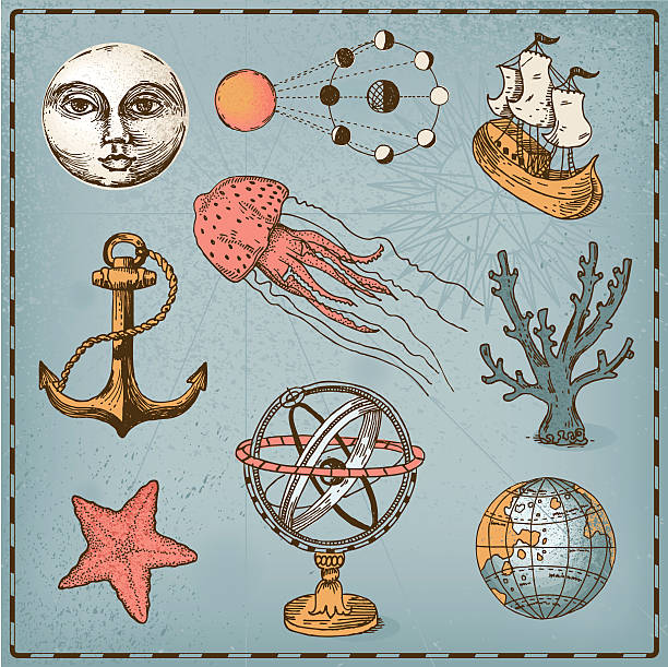 Decorative nautical set Nautical design elements moon borders stock illustrations