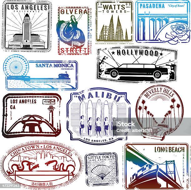 Retro Coleção De Selos De Los Angeles - Arte vetorial de stock e mais imagens de Cidade de Los Angeles - Cidade de Los Angeles, Condado de Los Angeles, Selo Postal