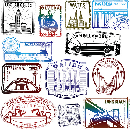 Series of stylized passport style stamp illustrations of various landmarks and neighborhoods in Los Angeles California. Great for a vintage LA look. 