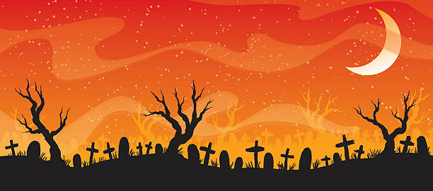 halloween banner halloween themed graveyard background halloween moon stock illustrations