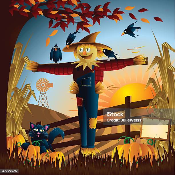 Scarecrow Scene Stock Illustration - Download Image Now - Scarecrow - Agricultural Equipment, Autumn, Crow - Bird